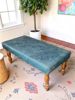 Ikiriya - Best One Sheesham Wood Accent Bench Blue Jacquard Work Fabric Teak Finish (1 Year Warranty)