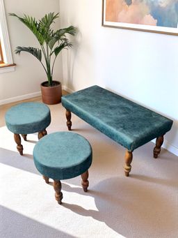 Ikiriya - Sheesham Accent Bench & Stool Blue Jacquard Work Fabric Teak Finish (Set Of 3) (1 Year Warranty)