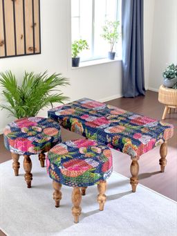 Ikiriya - Sheesham Mid Century Bench & Stool Fruit Print Blue Kantha Teak Finish (Set Of 3) (1 Year Warranty)