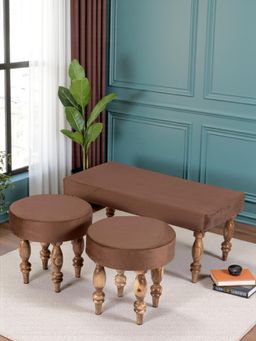 Ikiriya - Sheesham Accent Bench & Stools Taupe Brown Velvet Teak Finish (Set Of 3) (1 Year Warranty)