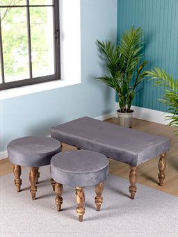 Ikiriya - Best One Sheesham Wood Accent Bench & Stools Iron Grey Velvet Teak Finish (Set Of 3) (1 Year Warranty)