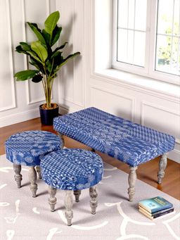 Ikiriya - Sheesham Bench & Stools Indigo Patchwork Kantha Antique Grey Finish (Set Of 3) (1 Year Warranty)