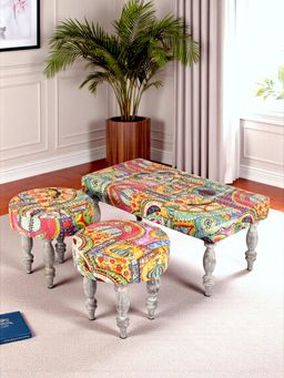 Ikiriya - Sheesham Bench & Stools Israel Print Patchwork Kantha Antique Grey Finish (Set Of 3) (1 Year Warranty)