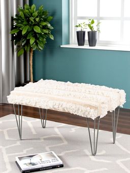 Ikiriya - Velas Sheesham Wood Mid Century Bench Beige Fabric with Fringes (1 Year Warranty)