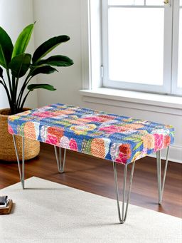 Ikiriya - Velas Sheesham Wood Mid Century Bench Fruit Print Blue Kantha (1 Year Warranty)