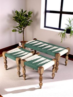 Ikiriya - Oakville Sheesham Wood Vintage Bench & Stools In Green Rope Canning (Set Of 3) (1 Year Warranty)
