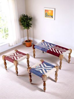 Ikiriya - Oakville Sheesham Wood Vintage Bench & Stools Multi Colour Rope Canning (Set Of 3) (1 Year Warranty)