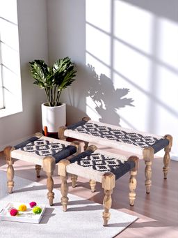 Ikiriya - Oakville Sheesham Wood Vintage Bench & Stools In Black Rope Canning (Set Of 3) (1 Year Warranty)