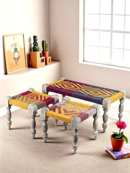 Ikiriya - Oakville Sheesham Wood Vintage Bench & Stools In Multi Colour Rope Canning (Set Of 3) (1 Year Warranty)