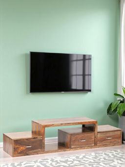 Ikiriya - Sheesham Wood Contemporary Tv Entertainment Unit / Cabinet In Teak Finish (1 Year Warranty)