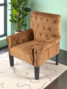 Ikiriya - Arista Sheesham Wood Relaxing Chair / Lounge Chair Taupe Brown Velvet (1 Year Warranty)