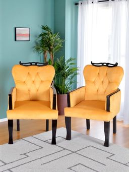 Ikiriya - Arista Sheesham Wood Pack Of 2 Relaxing Chair / Lounge Chairs Yellow Velvet (1 Year Warranty)