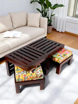 Ikiriya - Sheesham Wood Bohemian Coffee Table & Stools In Dark Walnut Finish (Set Of 3) (1 Year Warranty)