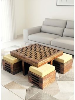 Ikiriya - Sheesham Wood Accent Coffee Table & Stools In Teak Finish (Set Of 5) (1 Year Warranty)