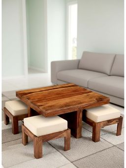 Ikiriya - Sheesham Wood Accent Coffee Table & Stools In Natural Teak Finish (Set Of 5) (1 Year Warranty)