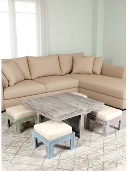 Ikiriya - Sheesham Country Side Coffee Table & Stools In Antique Off White Finish (Set Of 5) (1 Year Warranty)