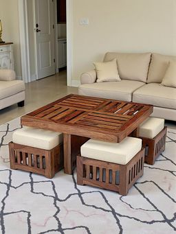 Ikiriya - Sheesham Wood Accent Coffee Table & Stools In Natural Teak Finish (Set Of 5) (1 Year Warranty)