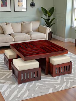 Ikiriya - Sheesham Wood Accent Coffee Table & Stools In Honey Finish (Set Of 5) (1 Year Warranty)