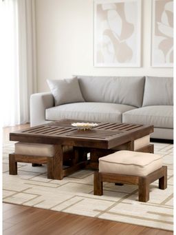 Ikiriya - Sheesham Wood Accent Coffee Table & Stools In Provisional Teak Finish (Set Of 5) (1 Year Warranty)