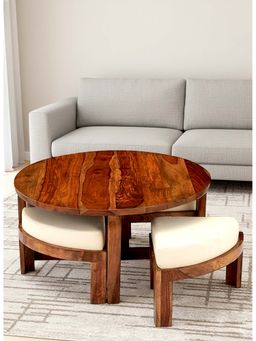 Ikiriya - Sheesham Wood Accent Coffee Table & Stools In Natural Teak Finish (Set Of 5) (1 Year Warranty)