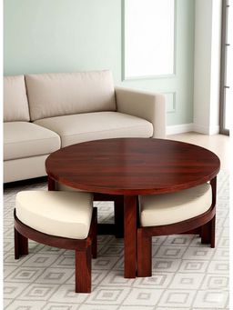 Ikiriya - Sheesham Wood Accent Coffee Table & Stools In Honey Finish (Set Of 5) (1 Year Warranty)