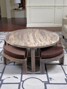 Ikiriya - Sheesham Wood Country Side Coffee Table & Stools In Antique Grey Finish (Set Of 5) (1 Year Warranty)