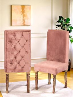 Ikiriya - Rosslyn Sheesham Wood Accent Pack Of 2 Dining Chairs Coral Pink Velvet Teak Finish (1 Year Warranty)
