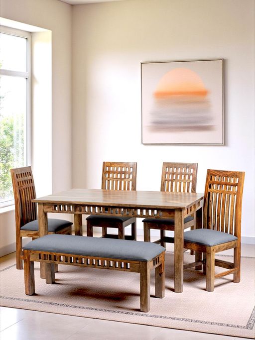Ikiriya Sheesham Accent 6 Seater Dining Table with Chair & Bench In Teak Finish (Set Of 6) (1 Year Warranty)