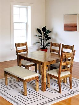 Ikiriya - Sheesham Accent 6 Seater Dining Table with Chair & Bench In Teak Finish (Set Of 6) (1 Year Warranty)