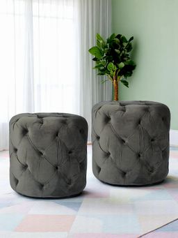 Ikiriya - Dallas Pine Wood Accent Pack Of 2 Ottoman / Pouffes Iron Grey Velvet (1 Year Warranty)