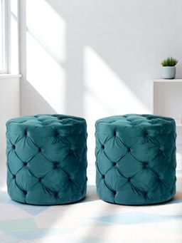Ikiriya - Dallas Pine Wood Accent Pack Of 2 Ottoman / Pouffes Turquoise Sea Velvet (1 Year Warranty)