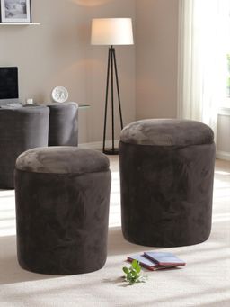 Ikiriya - Wayne Pine Wood Accent Pack Of 2 Ottoman / Pouffes Taupe Brown Velvet (1 Year Warranty)