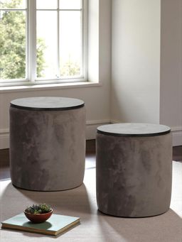 Ikiriya - Wayne Solid Wood Pack Of 2 Ottoman / Pouffes Taupe Brown Velvet (1 Year Warranty)