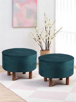Ikiriya - Rosslyn Sheesham Wood Pack Of 2 Ottoman / Pouffes Turquoise Sea Velvet Teak Finish (1 Year Warranty)