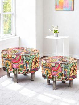 Ikiriya - Rosslyn Sheesham Wood Pack Of 2 Ottoman / Pouffes Israel Print Patchwork Kantha (1 Year Warranty)