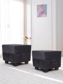 Ikiriya - Iris Pine Wood Contemporary Pack Of 2 Ottoman / Pouffes Anchor Grey Mossy Fabric (1 Year Warranty)