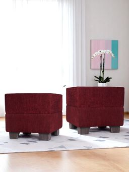 Ikiriya - Iris Pine Wood Contemporary Pack Of 2 Ottoman / Pouffes Maroon Mossy Fabric (1 Year Warranty)
