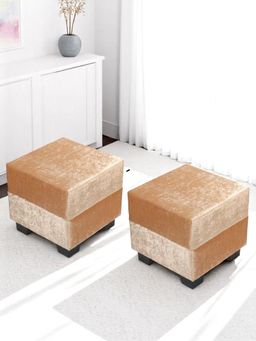 Ikiriya - Iris Pine Wood Contemporary Pack Of 2 Ottoman / Pouffes Beige Sparkle Velvet (1 Year Warranty)