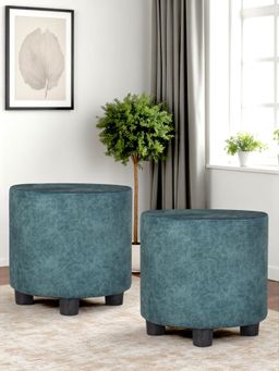 Ikiriya - Lisbon Solid Wood Pack Of 2 Ottoman / Pouffes Blue Jacquard Work Fabric (1 Year Warranty)