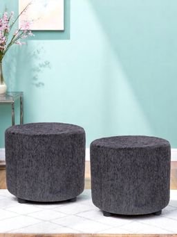 Ikiriya - Lisbon Solid Wood Pack Of 2 Ottoman / Pouffes Anchor Grey Mossy Fabric (1 Year Warranty)