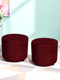 Ikiriya - Lisbon Pine Wood Contemporary Pack Of 2 Ottoman / Pouffes Maroon Mossy Fabric (1 Year Warranty)
