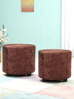 Ikiriya - Lisbon Solid Wood Pack Of 2 Ottoman / Pouffes Caramel Brown Sparkle Velvet (1 Year Warranty)