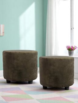 Ikiriya - Lisbon Pine Wood Contemporary Pack Of 2 Ottoman / Pouffes Taupe Brown Velvet (1 Year Warranty)