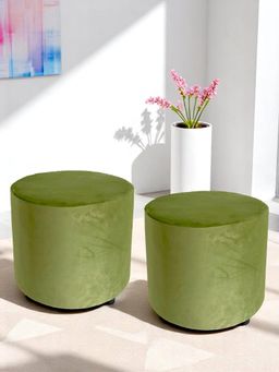 Ikiriya - Lisbon Pine Wood Contemporary Pack Of 2 Ottoman / Pouffes Pear Green Velvet (1 Year Warranty)