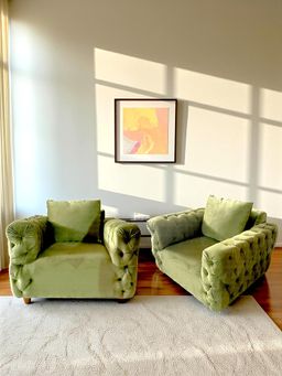 Ikiriya - Jackson Pine Wood Contemporary Pack Of 2 Sofa Chairs Pear Green Velvet Teak Finish (1 Year Warranty)