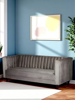 Ikiriya - Camilla Solid Wood 3 Seater Sofa Iron Grey Velvet Extra Dark Mahogany Finish (1 Year Warranty)