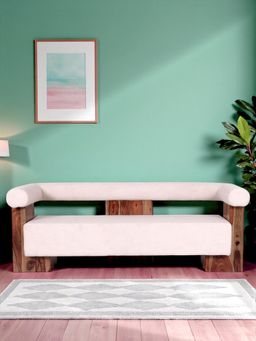 Ikiriya - Westfield Sheesham Wood 3 Seater Sofa Off White Soft Boucle Fabric Teak Finish (1 Year Warranty)