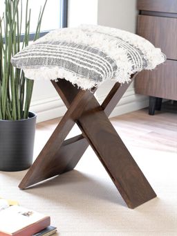 Ikiriya - Dayton Sheesham Wood Stool Grey Fabric with Fringes Provisional Teak Finish (1 Year Warranty)