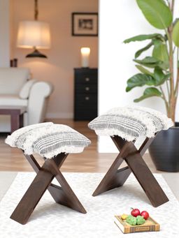 Ikiriya - Dayton Sheesham Wood Pack Of 2 Stools Grey Fabric with Fringes Teak Finish (1 Year Warranty)