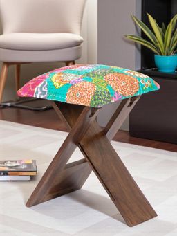 Ikiriya - Dayton Sheesham Wood Stool Sea Green Fruit Print Kantha Provisional Teak Finish (1 Year Warranty)